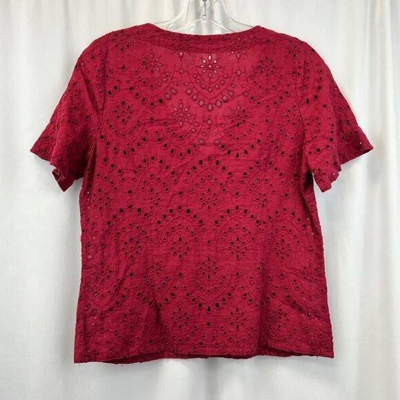 JUSTFAB Short Sleeve V-Neck Cutout Doily Button Up Top Burgundy Cropped Medium - Picture 7 of 8